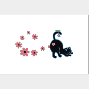 Black cat with pink flowers Posters and Art